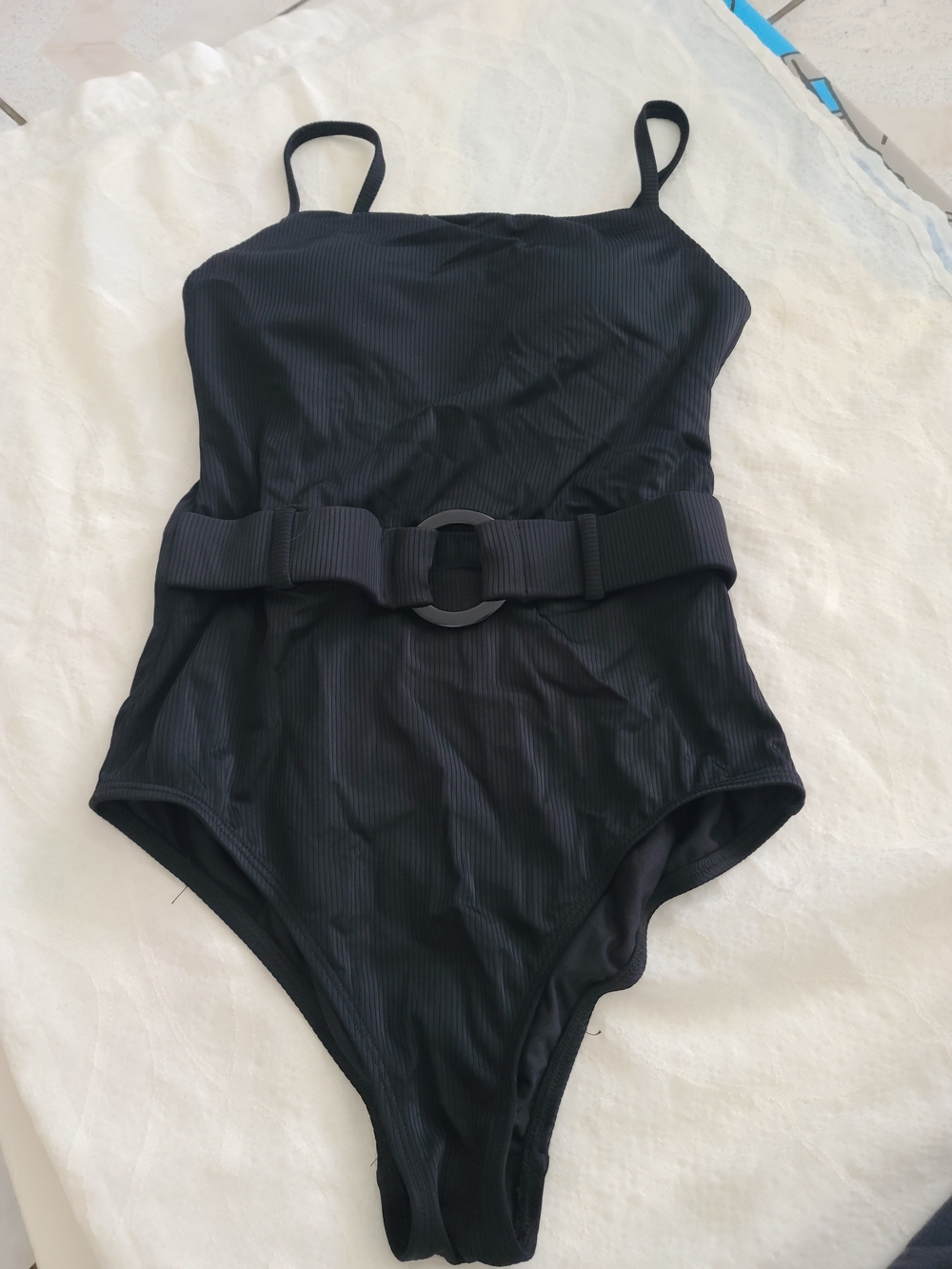 Black Ribbed One-Piece Swim Bodysuit with Belt